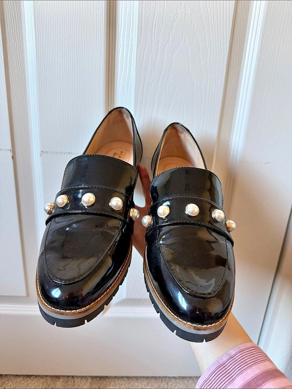 Alex Marie Pearl Embellished Patent Loafers in Black
